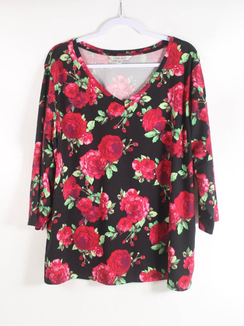 The Pioneer Woman Floral Top XXL Black Red Rose Print 3/4 Sleeve Stretch Blouse